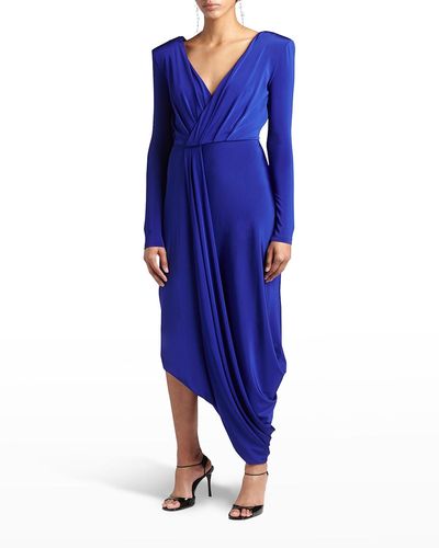 Giorgio Armani V-neck Draped Jersey Maxi Dress - Blue