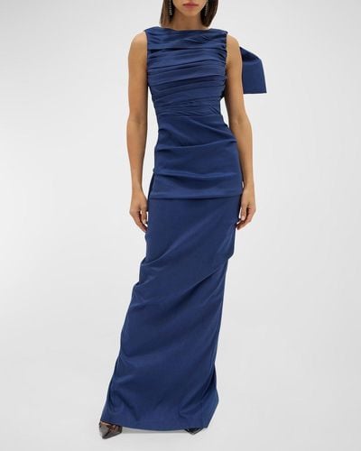 Rachel Gilbert Zora Ruched Taffeta Gown With Back Bow - Blue