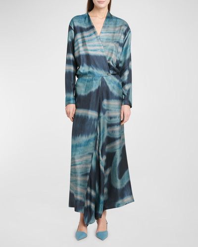 Giorgio Armani Abstract-Print Silk Long-Sleeve Maxi Wrap Dress - Blue
