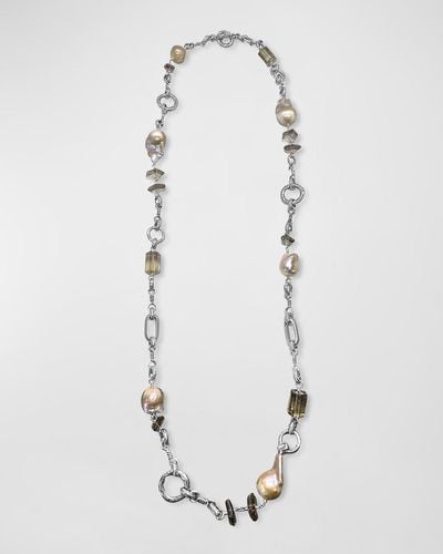 Stephen Dweck Smoky Quartz And Baroque Pearl Necklace In Sterling Silver - White