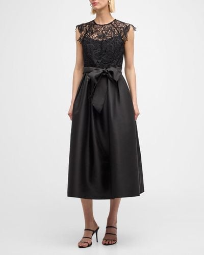 Shoshanna Pleated Floral Lace Mikado Gown - Black