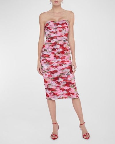 L'Agence Floral Caprice Strapless Midi Dress - Red