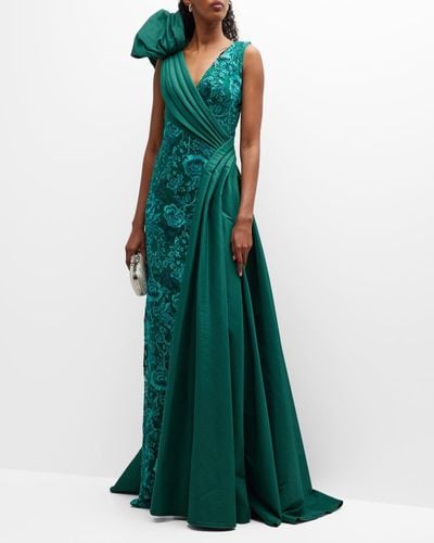 Tadashi Shoji Pleated Sequin Floral-Embroidered Gown - Green