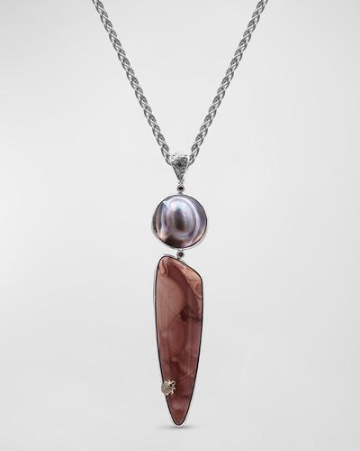 Stephen Dweck Tahitian Pearl And Willow Creek Jasper Pendant Necklace With Diamonds - White