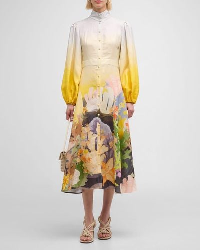 LEO LIN Nellie Coral-Print Balloon-Sleeve Midi Dress - Yellow