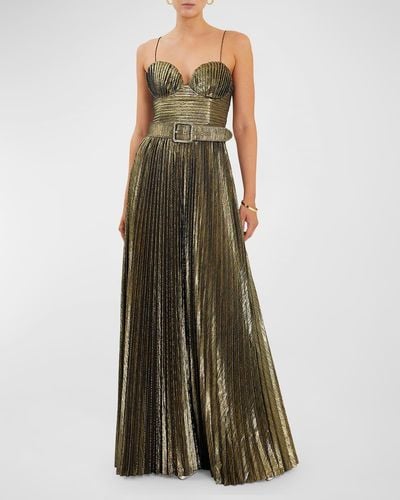 Rebecca Vallance Josie Pleated Cutout Metallic Shimmer Gown - Green
