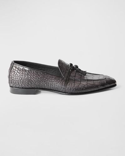 Jo Ghost Croc-Printed Leather Tassel Loafers - Gray