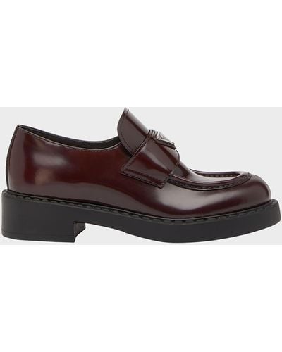 Prada Leather Triangle Logo Loafers - Brown