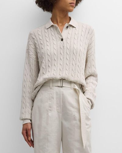Brunello Cucinelli Cotton Diamante Cable Knit Polo Sweater - Gray