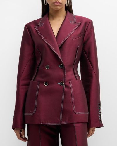 Christopher John Rogers Pleated-Back Blazer Jacket With Contrast Seams - Red