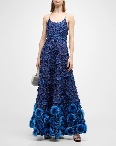Alice + Olivia Dominique Floral-Embellished Ball Gown - Blue