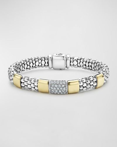 Lagos Diamond And Smooth Station Bracelet In 18k Gold With Sterling Silver Caviar Beading - Metallic