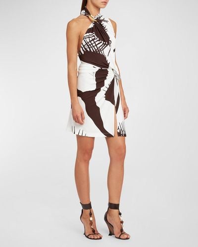 Ferragamo Venus-Print Gathered-Rings Sleeveless Jersey Mini Wrap Dress - White