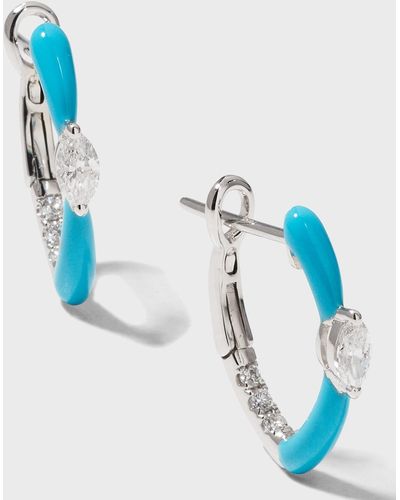 Frederic Sage White Gold Marquise Center And Turquoise Enamel Hoop Earrings - Blue