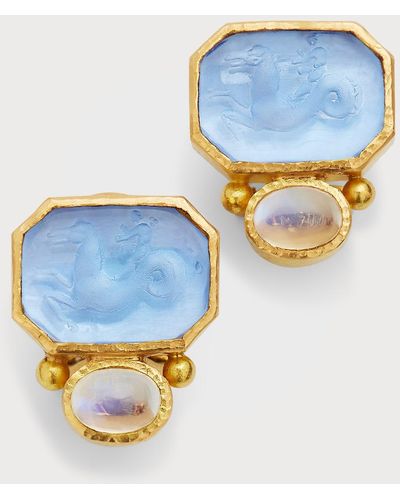 Elizabeth Locke 19k Cherub And Seahorse Earrings With Cabochon Stones - Blue