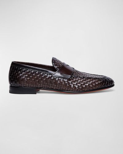 Santoni Gwendal Woven Leather Penny Loafers - Black