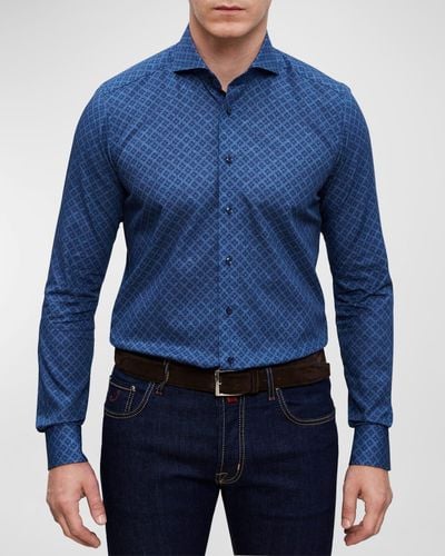 Emanuel Berg Slim Dobby Cotton Floral-Print Sport Shirt - Blue