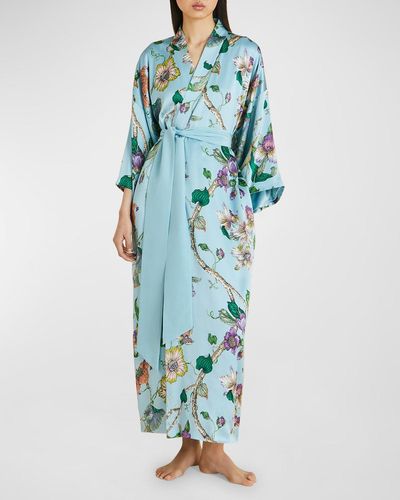 Olivia Von Halle Queenie Floral-print Silk Kimono Robe - Blue