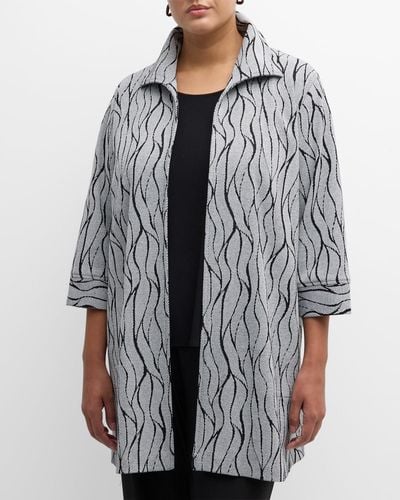 Caroline Rose Plus Plus Size 3/4-Sleeve Wave Intarsia Knit Topper - Gray