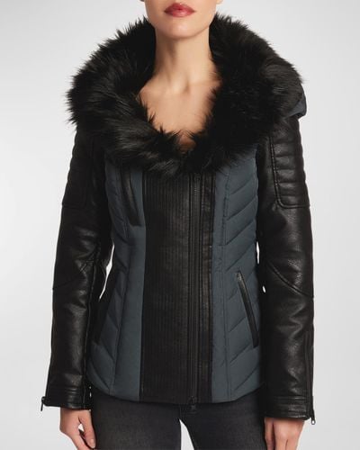 BLANC NOIR Sophia Hooded Moto Puffer Jacket - Black