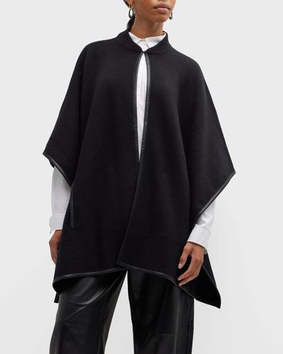 Sofia Cashmere Milano Knit Cashmere Cape With Leather Trim - Black