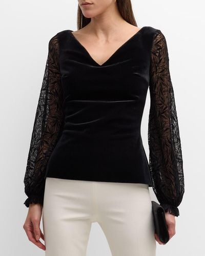 La Petite Robe Di Chiara Boni V-neck Lace-sleeve Velvet Top - Black