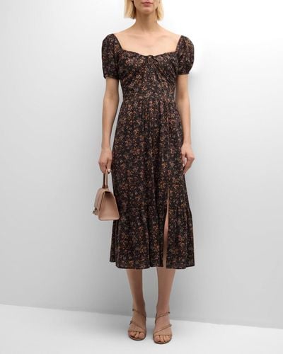 PAIGE Otienne Short-Sleeve Floral Midi Dress - Brown