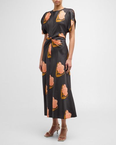 Oroton Ruched Split-Sleeve Floral-Print Midi Dress - Black
