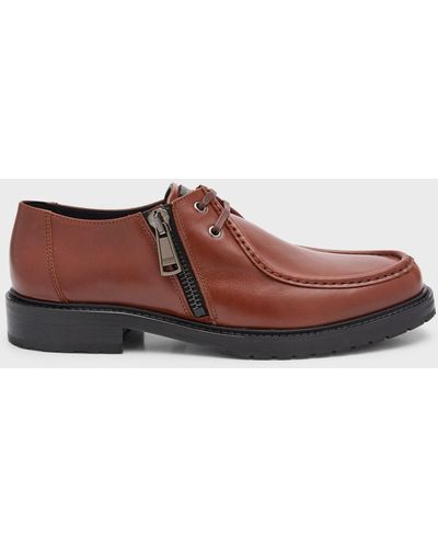 Moschino Leather Casual Moc-Toe Loafers - Brown