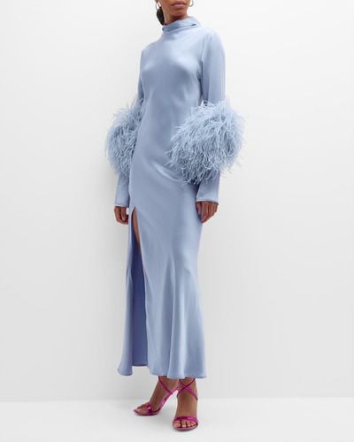 LAPOINTE Feather-Trim Mock-Neck Long-Sleeve Slit Satin Bias Gown - Blue
