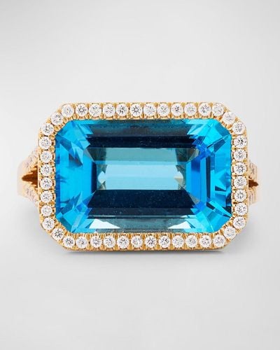 Goshwara 18K Gossip East-West Emerald Cut Topaz Statement Ring With Diamonds - Blue