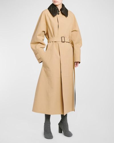Bottega Veneta Waterproof Cotton Belted Trench Coat With Leather Collar - Natural