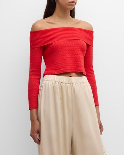 Misook Burnout Recycled Knit Off-Shoulder Sweater - Red