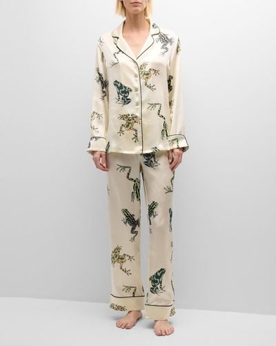 Olivia Von Halle Lila Frog-print Silk Satin Pajama Set - White