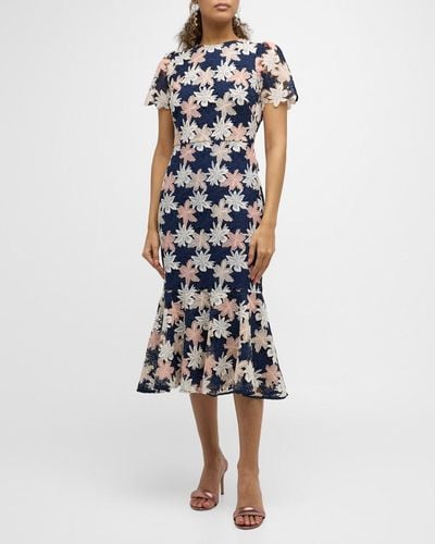 Shoshanna Thompson Floral Lace Flounce Midi Dress - Blue