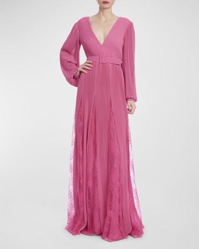 Badgley Mischka Pleated Lace-Inset Godet Gown - Pink