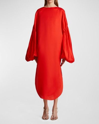 Khaite Zelma Balloon-Sleeve Silk Midi Dress - Red