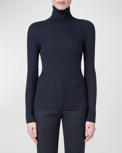 Akris Turtleneck Long-Sleeve Wool-Silk Rib Sweater - Blue