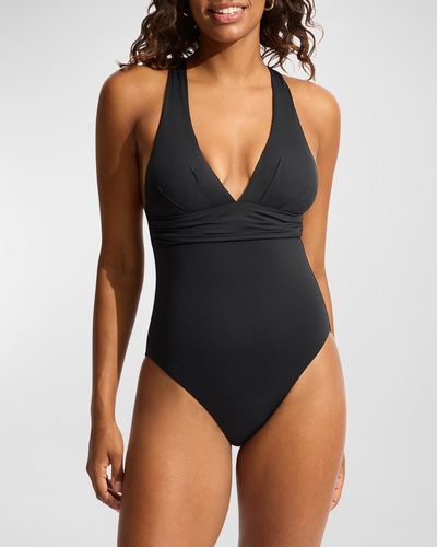 Seafolly Plunge Cross-Back One-Piece Swimsuit - Black