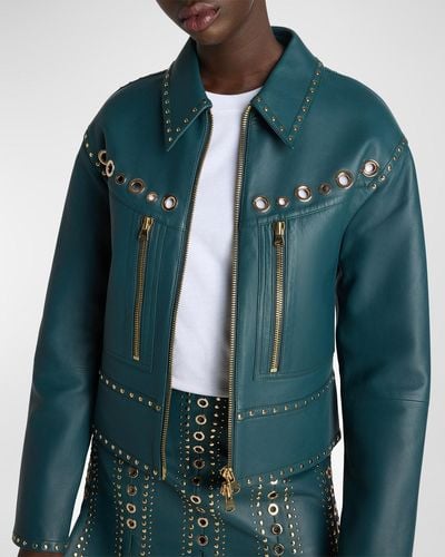 St. John Golden Hardware-Embellished Doubleface Leather Jacket - Green