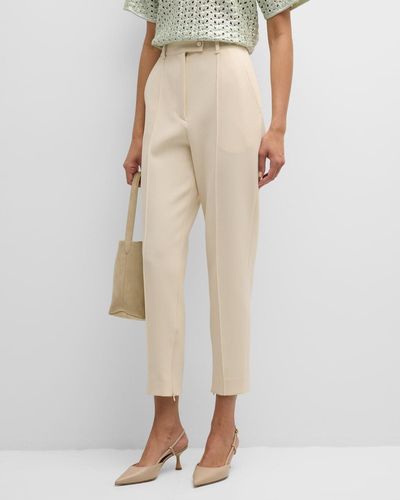 St. John High-Rise Pintuck Slim-Leg Zip-Hem Stretch Crepe Suiting Pants - Natural