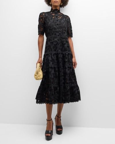 Alexis Ledina Cutwork Embroidered Floral Lace Midi Dress - Black