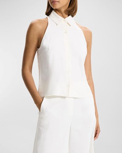 Theory Sleeveless Linen-Blend Button-Front Halter Shirt - White