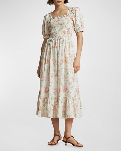 Polo Ralph Lauren Floral-print Smocked Cotton Dress - Natural