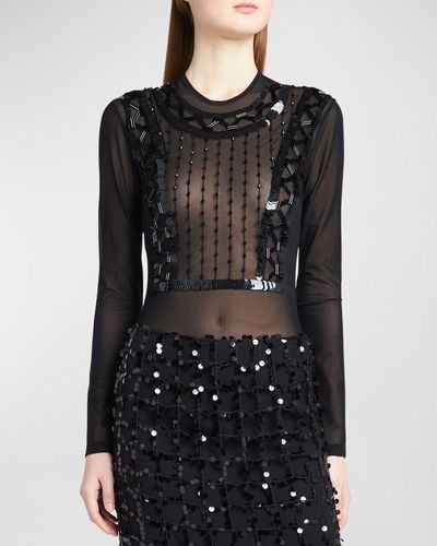 Alberta Ferretti Embellished Long-Sleeve Mesh Bodysuit - Black
