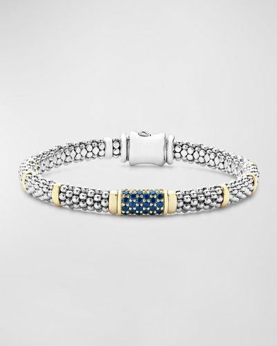 Lagos 18k Gold Station And Sterling Silver Caviar Bead Bracelet With Pavé Station Of Blue Sapphires - Metallic