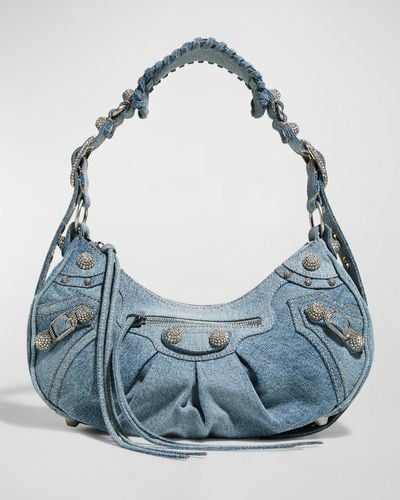 Balenciaga Le Cagole Small Denim Shoulder Bag With Rhinestones - Blue