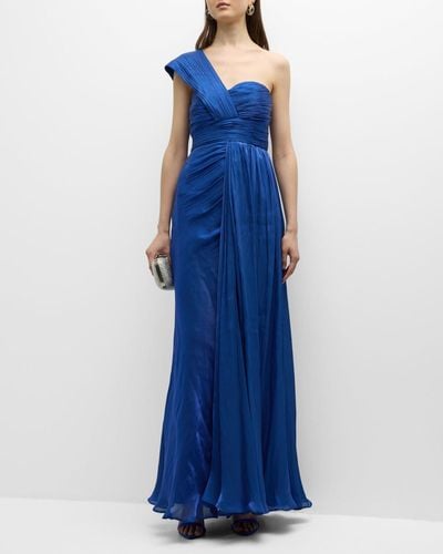 Badgley Mischka Pleated One-Shoulder Draped Gown - Blue