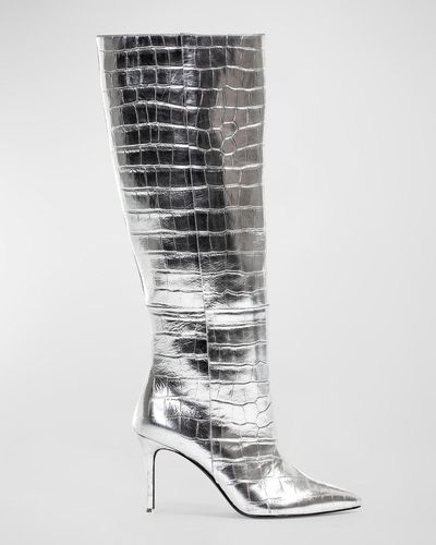 Black Suede Studio Tory Croco Stiletto Knee Boots - White