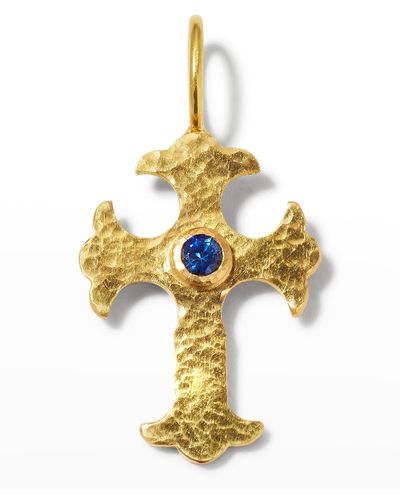 Elizabeth Locke Gothic Cross Pendant With 3.5mm Faceted Blue Sapphire Center - Metallic